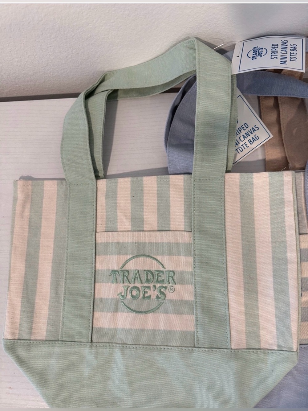 Trader Joe’s Mint Green Striped Mini Canvas Tote Bag NWT Limited Edition